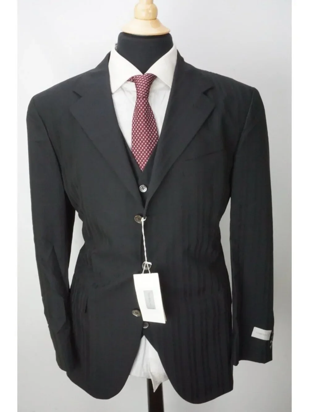 Tombolini Black Striped Wool 3 Pc Suit Jacket Pants Vest Sz 44R Brand New
